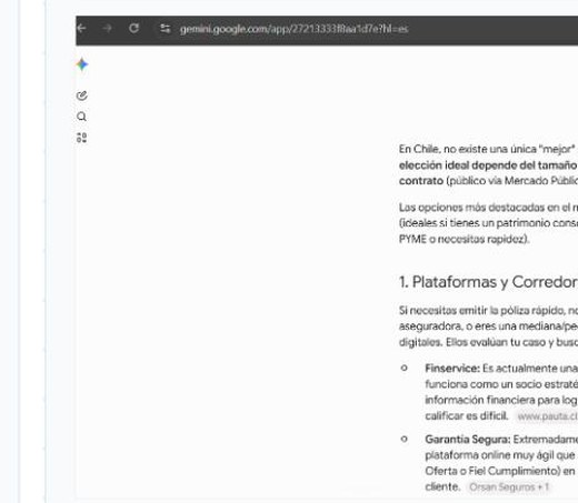 Respuesta de Gemini citando a Finservice como #1 para mejor empresa para obtener póliza de garantía